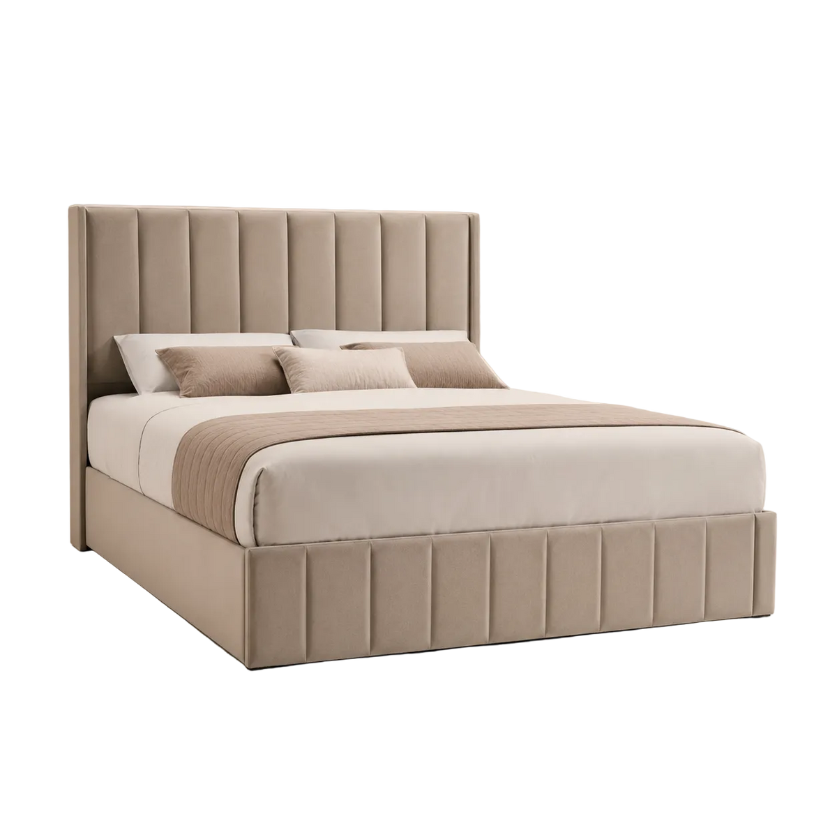 A modern platform bed with a tall, vertically channel-tufted upholstered headboard and matching footboard in a light taupe fabric, styled with white bedding, two beige pillows, and a beige throw blanket, set against a solid beige studio background.