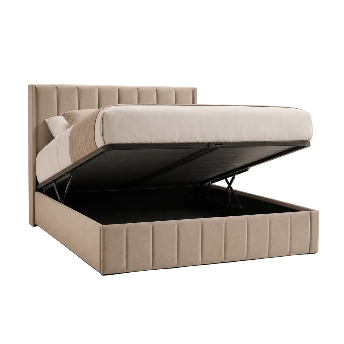 A beige upholstered storage bed with a raised platform base and a mattress shown partially lifted to reveal the storage compartment underneath, set against a matching beige studio background.
