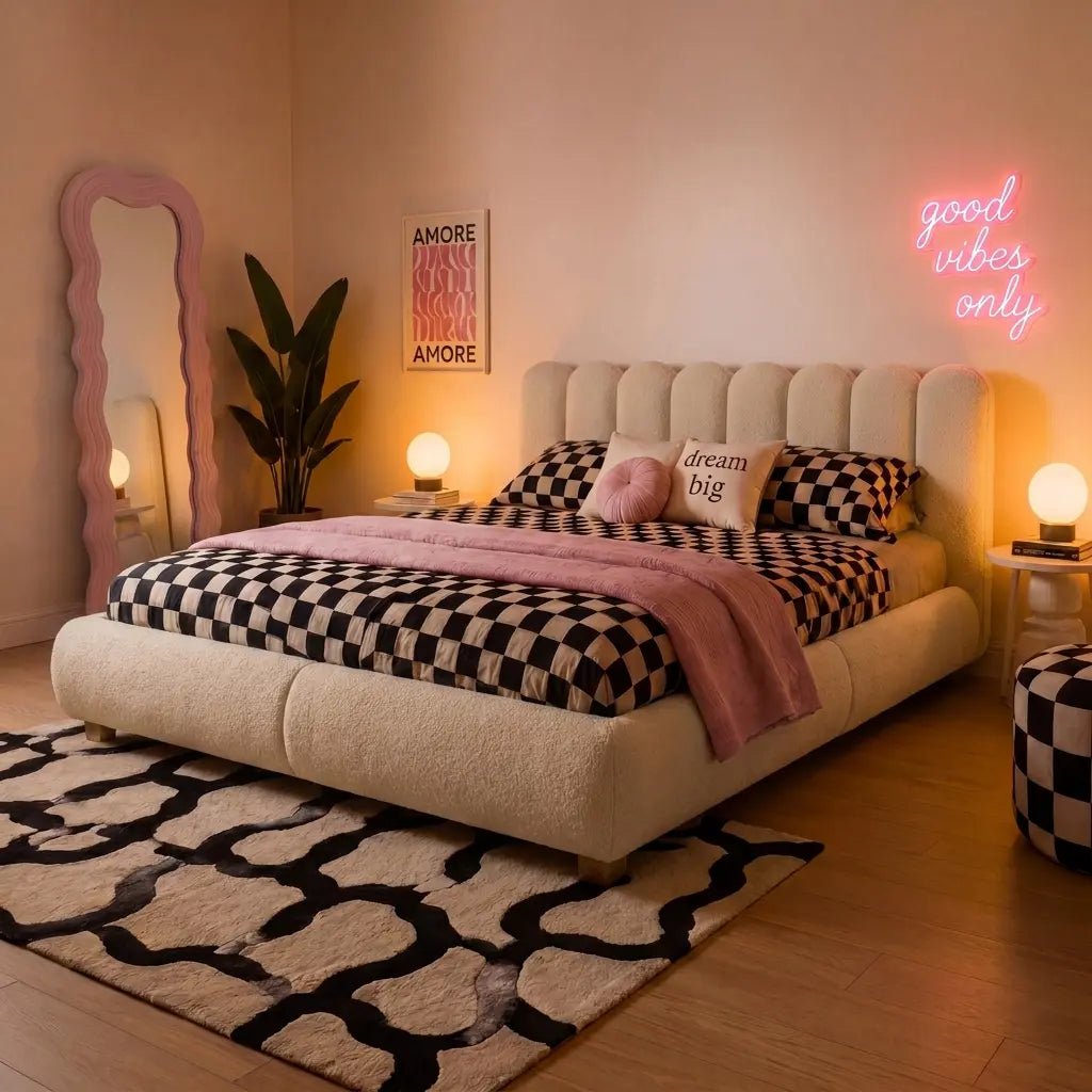 Beige ottoman bed with rounded tufted headboard, checkered duvet and pillows.