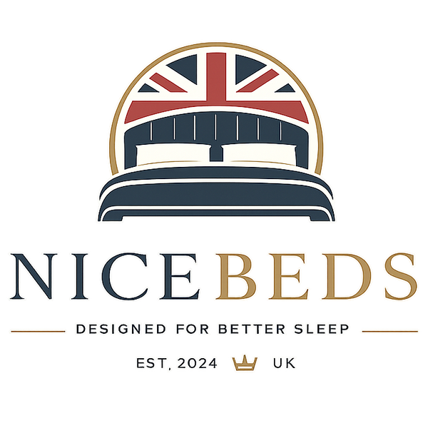 A centered brand/logo graphic on a white background featuring a stylized bed icon with a Union Jack design above it, the text 'NICE BEDS,' and smaller text reading 'DESIGNED FOR BETTER SLEEP' and 'EST. 2024 UK.