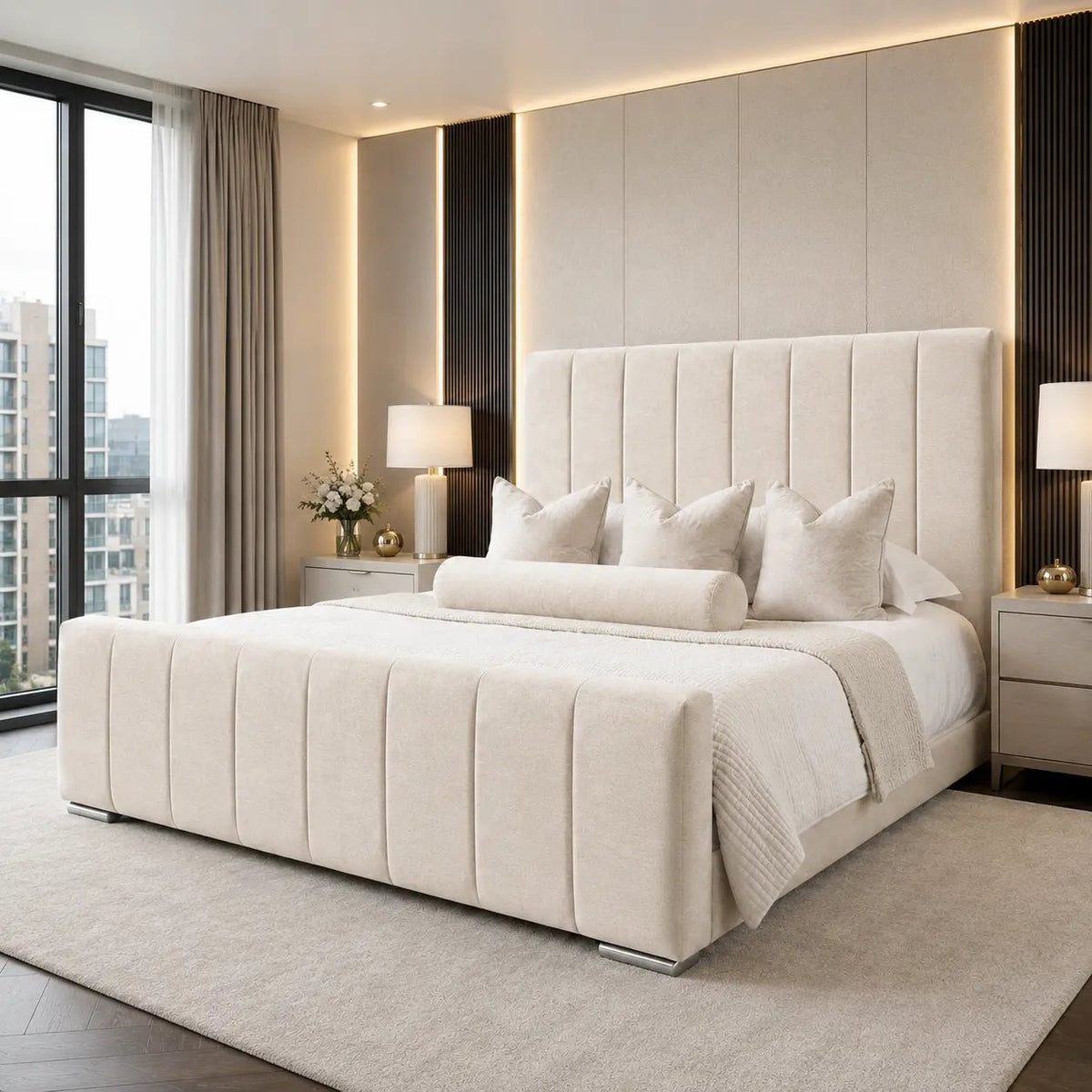 Veyra gas lift bed with upholstered panel headboard